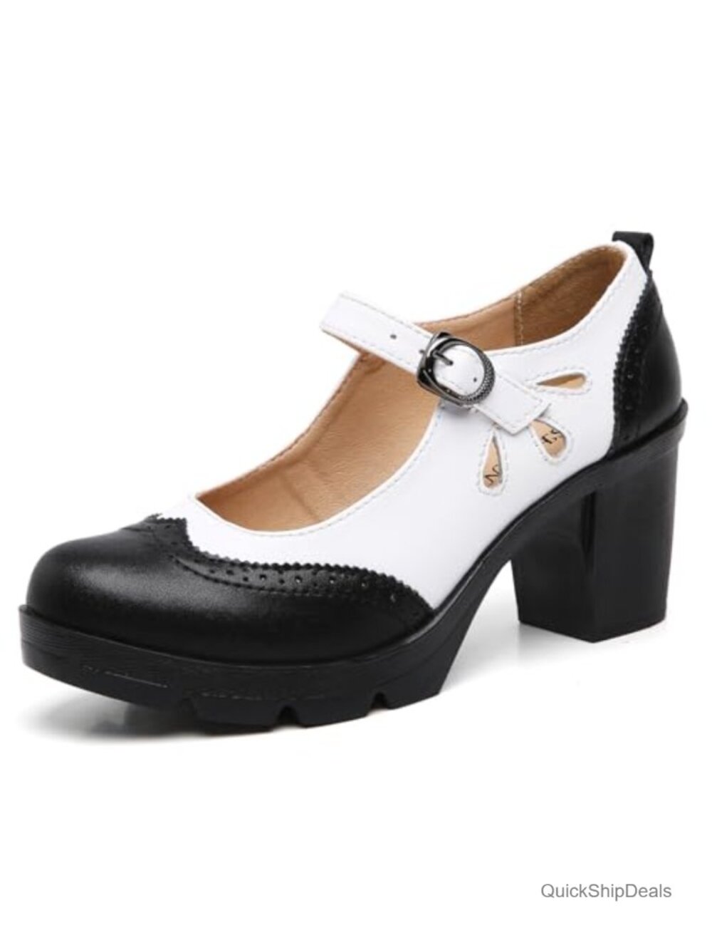Women's Leather Mary Jane Ankle Strap Mid Heel Platform Pumps Round Toe Dress
